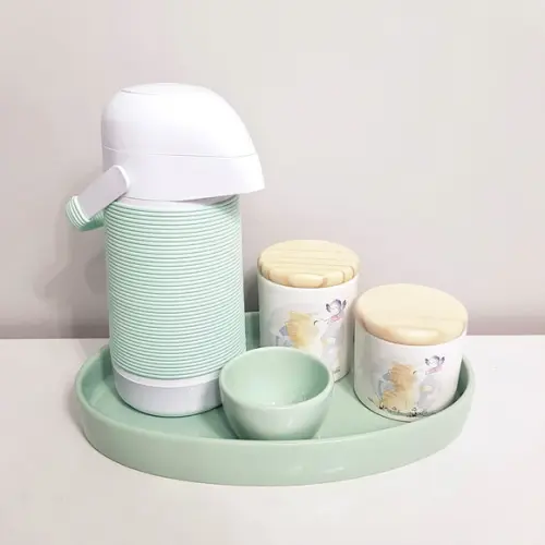 Kit Higiene Verde Bebê Estampa Gatinho Amarelo