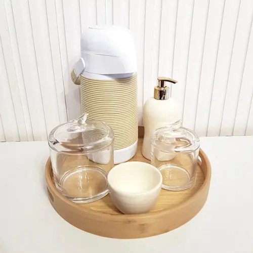 Kit Higiene Vidro Puxador Bird + Cerâmica Creme + Alinhavada