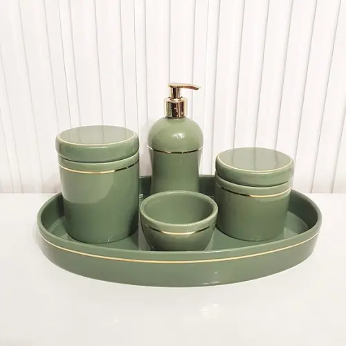 Kit Higiene Verde Militar com Filete Dourado - Bandeja Oval