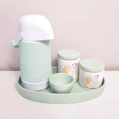 Kit Higiene Verde Bebê Estampa Gatinho Amarelo