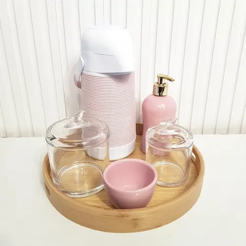 Kit Higiene Vidro Puxador Bird + Cerâmica Rosa + Alinhavada