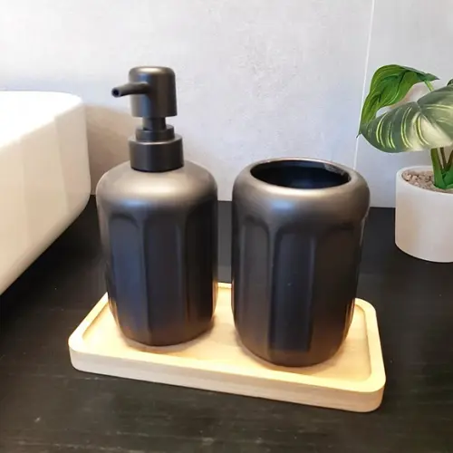 Kit Lavabo Banheiro Preto com Bandeja e Porta-escova