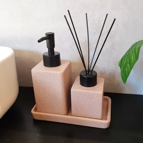 Kit Lavabo Banheiro Quadratto Bege com Bandeja e Difusor