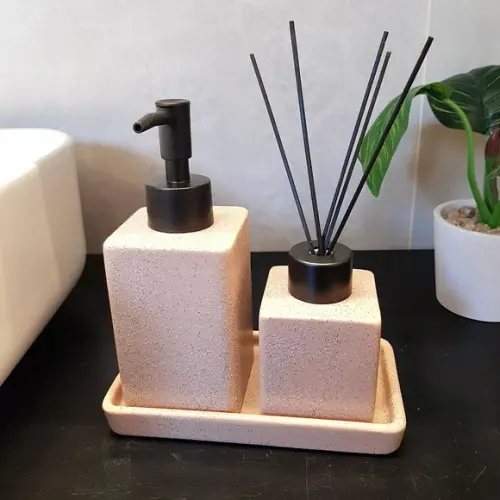 Kit Lavabo Banheiro Quadratto Bege com Bandeja e Difusor