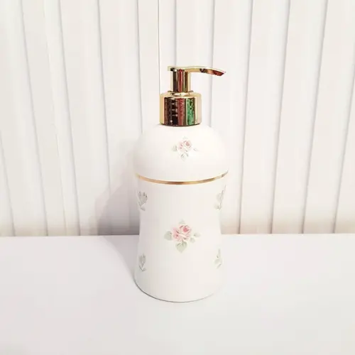 Porta Álcool-gel / Sabonete Cerâmica Floral Filete Dourado