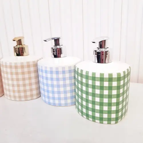 Porta Álcool-gel / Sabonete Cerâmica Estampa Xadrez Luxo