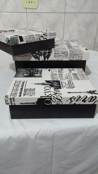 Trio de caixas em MDF c/tampa com tecido
