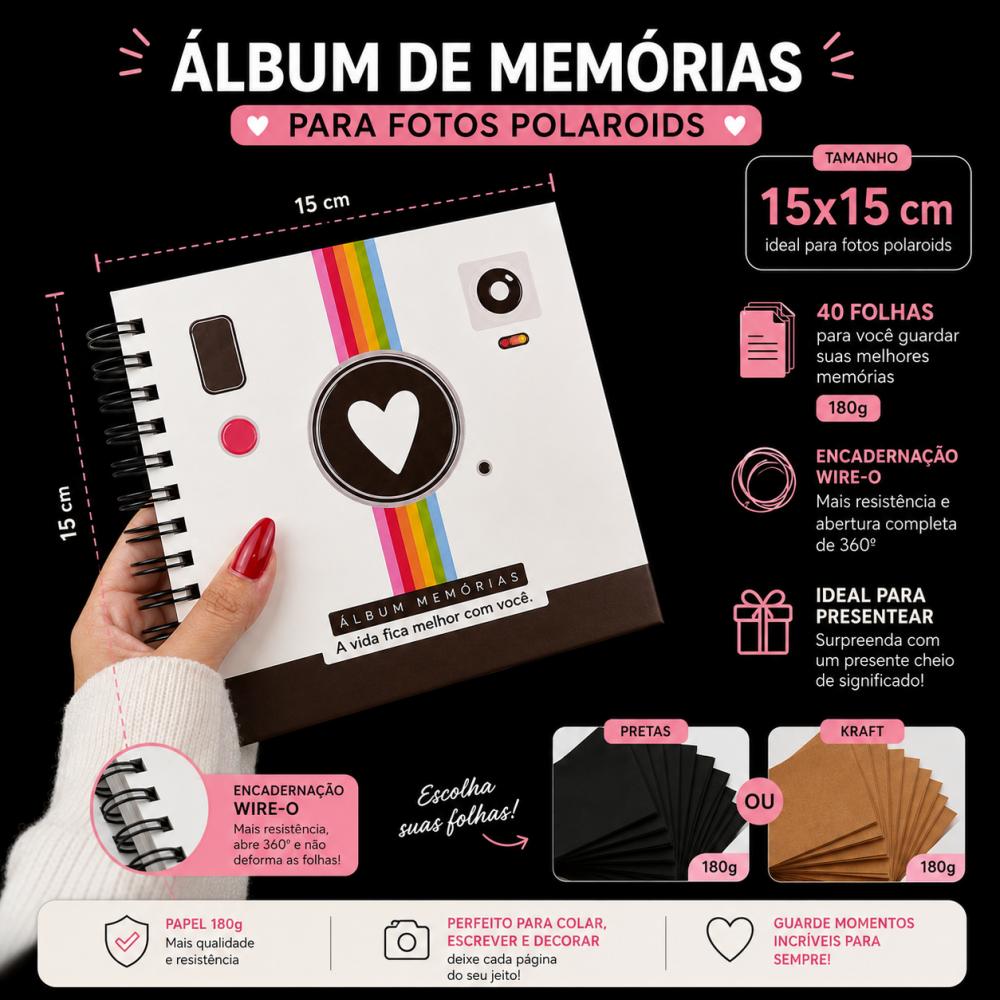 Álbum de Fotos com Capa Dura 15x15cm 40 Folhas