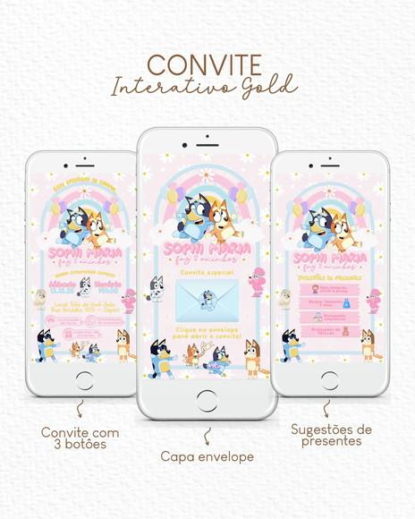 Convite Digital Interativo Gold Bluey Menina