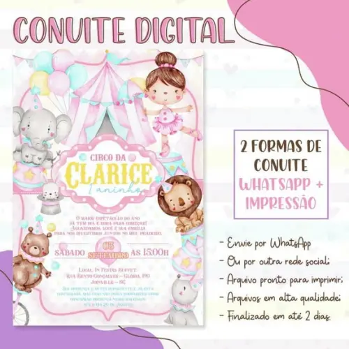 Convite Digital Circo Rosa em Aquarela