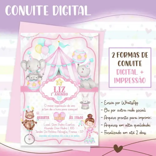 Convite Digital Circo Rosa em Aquarela