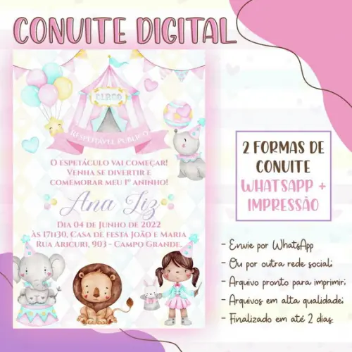 Convite Digital Circo Rosa em Aquarela