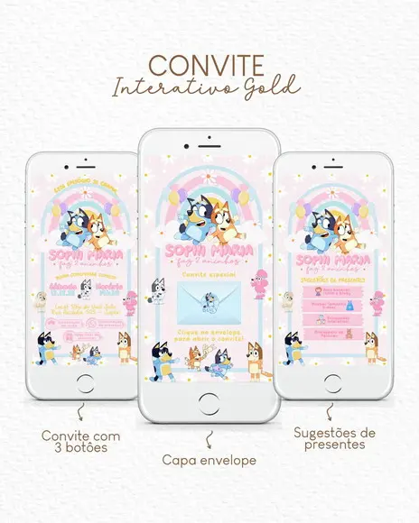 Convite Digital Interativo Gold Bluey Menina