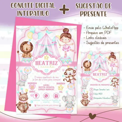 Convite Interativo Circo Rosa Aquarela