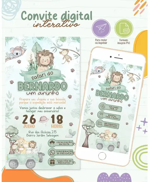 Convite Interativo Safari Aquarela + Sugestão de Presente