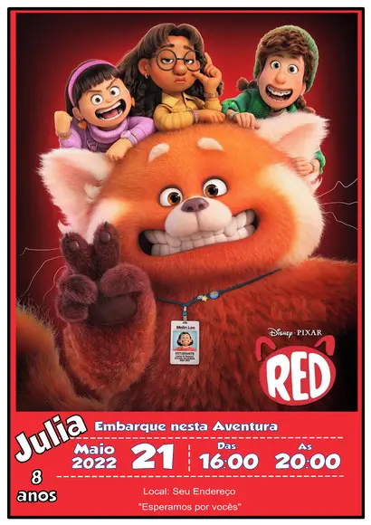 Convite Digital Red Crescer É Uma Fera - Turning Red
