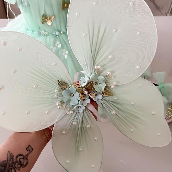 Asa de Fada Infantil Verde Água com Pérolas e Flores 3d ?