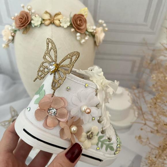 Kit Tiara e Tênis Botinha Personalizado Jardim Flores