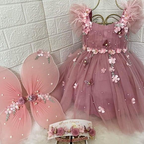 Kit Vestido Rosa e Rose, Sapato, Tiara, Asa