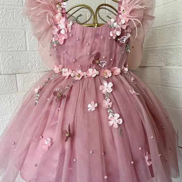 Kit Vestido Rosa e Rose, Sapato, Tiara, Asa