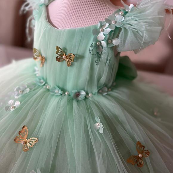Vestido Infantil Luxo Verde Água com Borboletas Douradas ? F