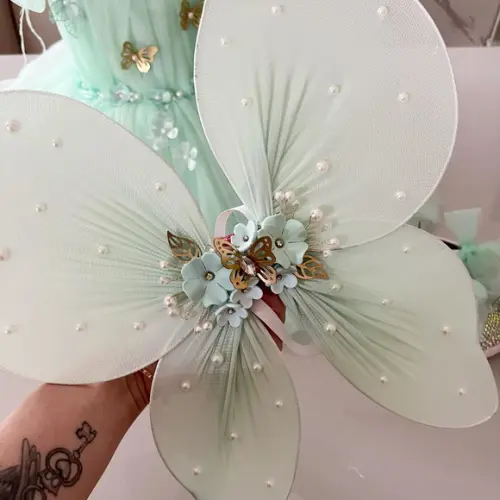 Asa de Fada Infantil Verde Água com Pérolas e Flores 3d ?