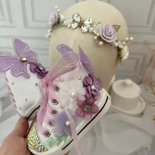 Kit Tiara e Tênis Botinha Personalizado Jardim Flores