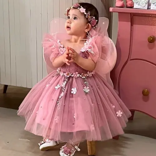 Kit Vestido Rosa e Rose, Sapato, Tiara, Asa