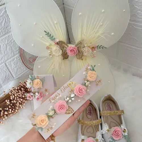 Kit Vestido, Sapato, Tiara, Asa e Prendedor