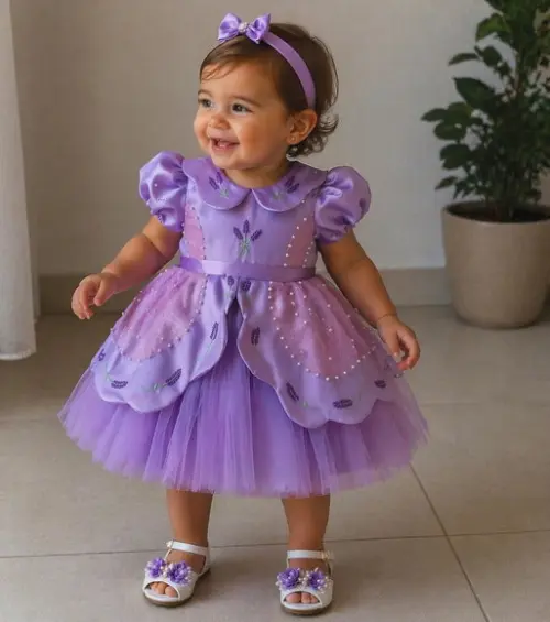 Vestido Infantil Luxo Lavanda Bordado com Pérolas ? Princesa