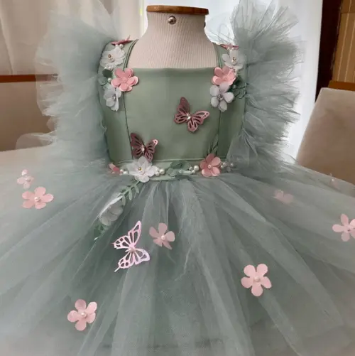 Vestido Infantil Luxo Verde com Borboletas e Flores 3d ? Fes