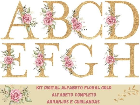 Kit Digital Alfabeto Floral Gold
