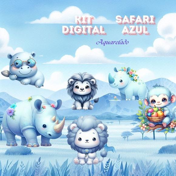 Kit Digital Safari Azul Aquarelado