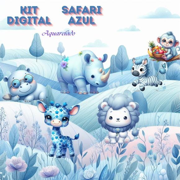 Kit Digital Safari Azul Aquarelado