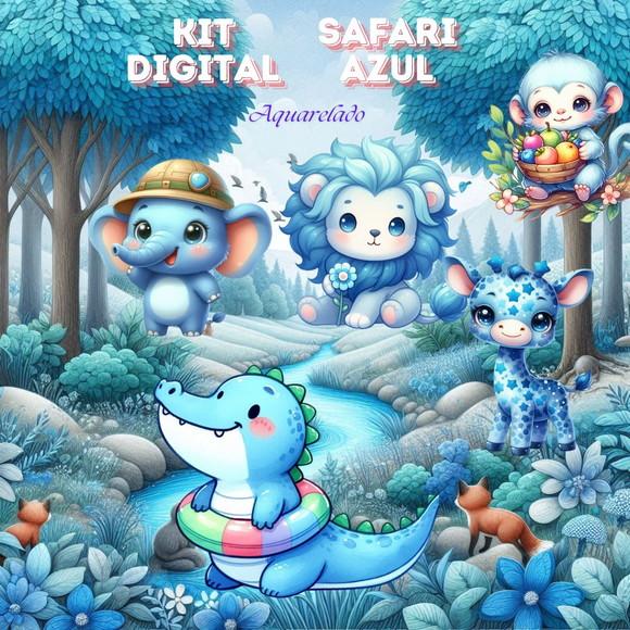 Kit Digital Safari Azul Aquarelado