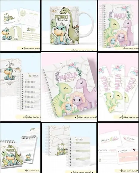 Combo Caderneta e Livros Dino Aquarela Menina e Menino