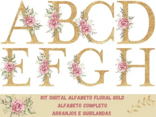Kit Digital Alfabeto Floral Gold