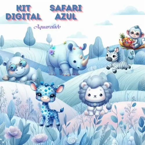 Kit Digital Safari Azul Aquarelado