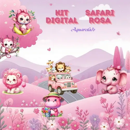 Kit Digital Safari Rosa Aquarelado
