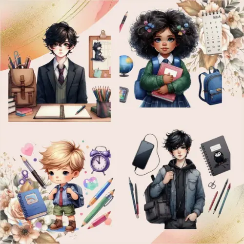 Volta às Aulas Kit Digital com 36 Personagens e 19 Elementos