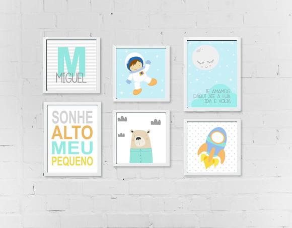 Composição Quadros Decoração Infantil Astronauta Lua Foguete