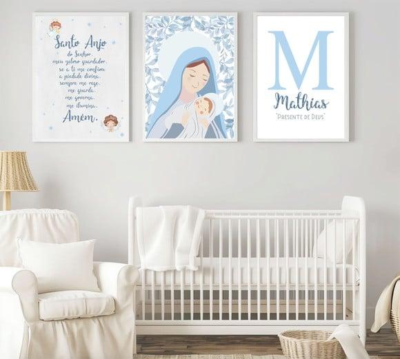 Conj 3 Quadros Nossa Senhora Azul Nome e Oração Anjo A3