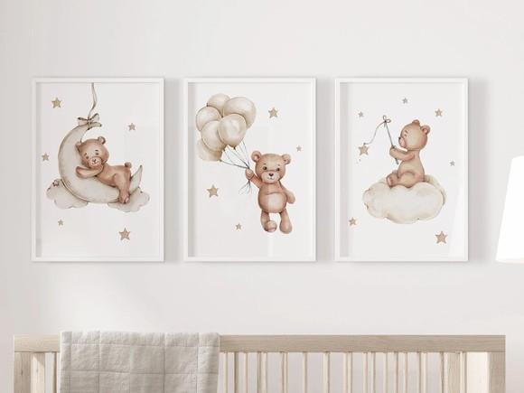 Conj 3 Quadros Infantil Ursinho Lua Nuvem e Balões