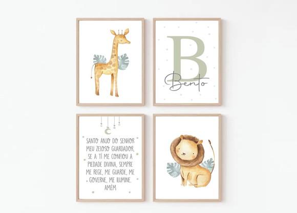 Conjunto 4 Quadros Infantil Leão Girafa Santo Anjo 33x45 cm