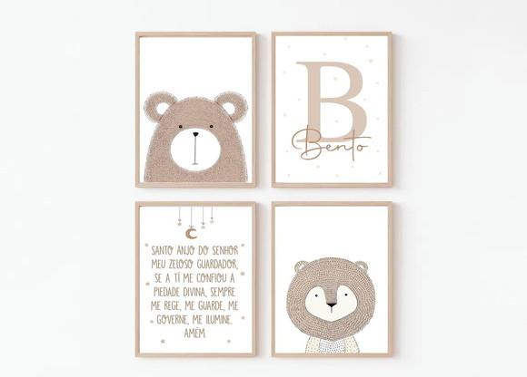 Conjunto 4 Quadros Infantil Leão Urso Santo Anjo 33x45 cm