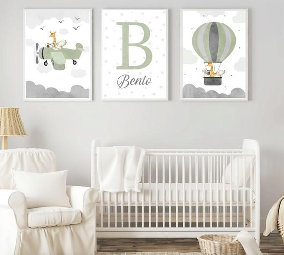 Kit 3 Quadros Infantil Animais Safari Balão Aquarela A3