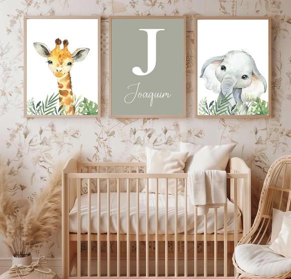 Kit 3 Quadros Infantil Animais Safari Aquarela e Nome