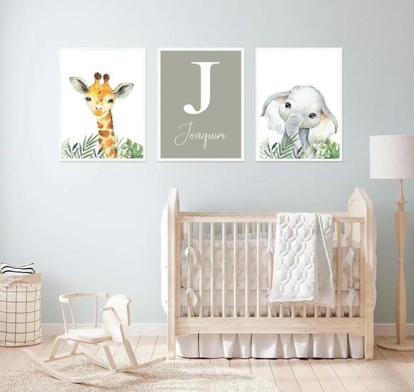 Kit 3 Quadros Infantil Animais Safari Aquarela e Nome