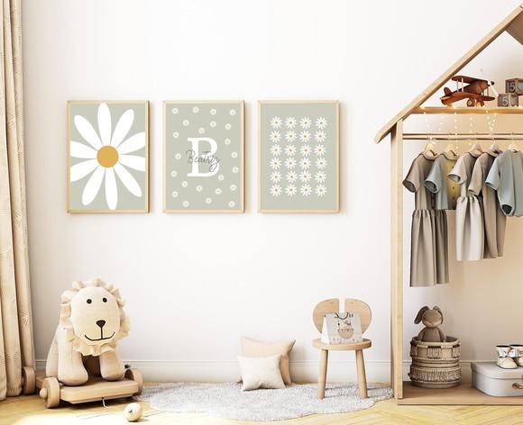 Kit 3 Quadros Infantil Margaridas e Nome Personalizado A3