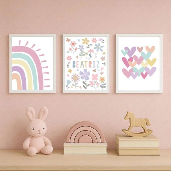 Kit 3 Quadros Infantil Flores Corações e Arco Íris A3